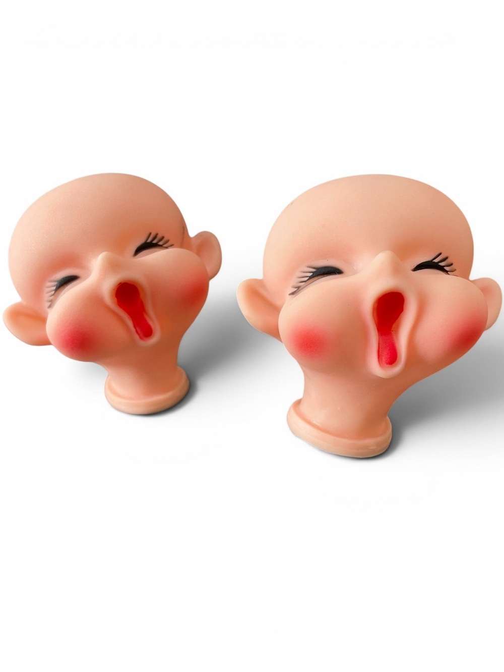 Set of 2 vintage doll heads made in Hong Kong, rubber? Singing or yawning